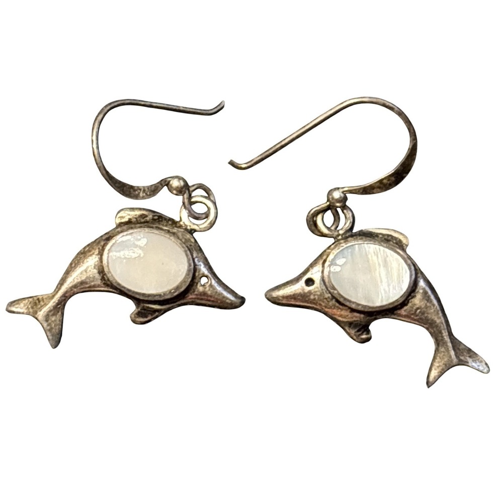 Dolphin Drop Earrings with Mother of Pearl Inlay - Silver Tone